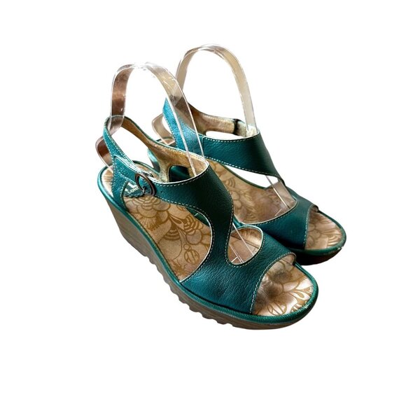 Fly London Green Leather Slingback Wedge Sandals Size 36 (US 5–5.5) - Picture 1 of 10